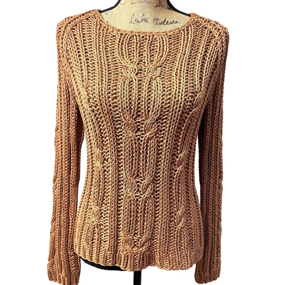 Vintage Anne Klein 90s Linen Blend Cable Knit Fisherman Sweater Camel SzM